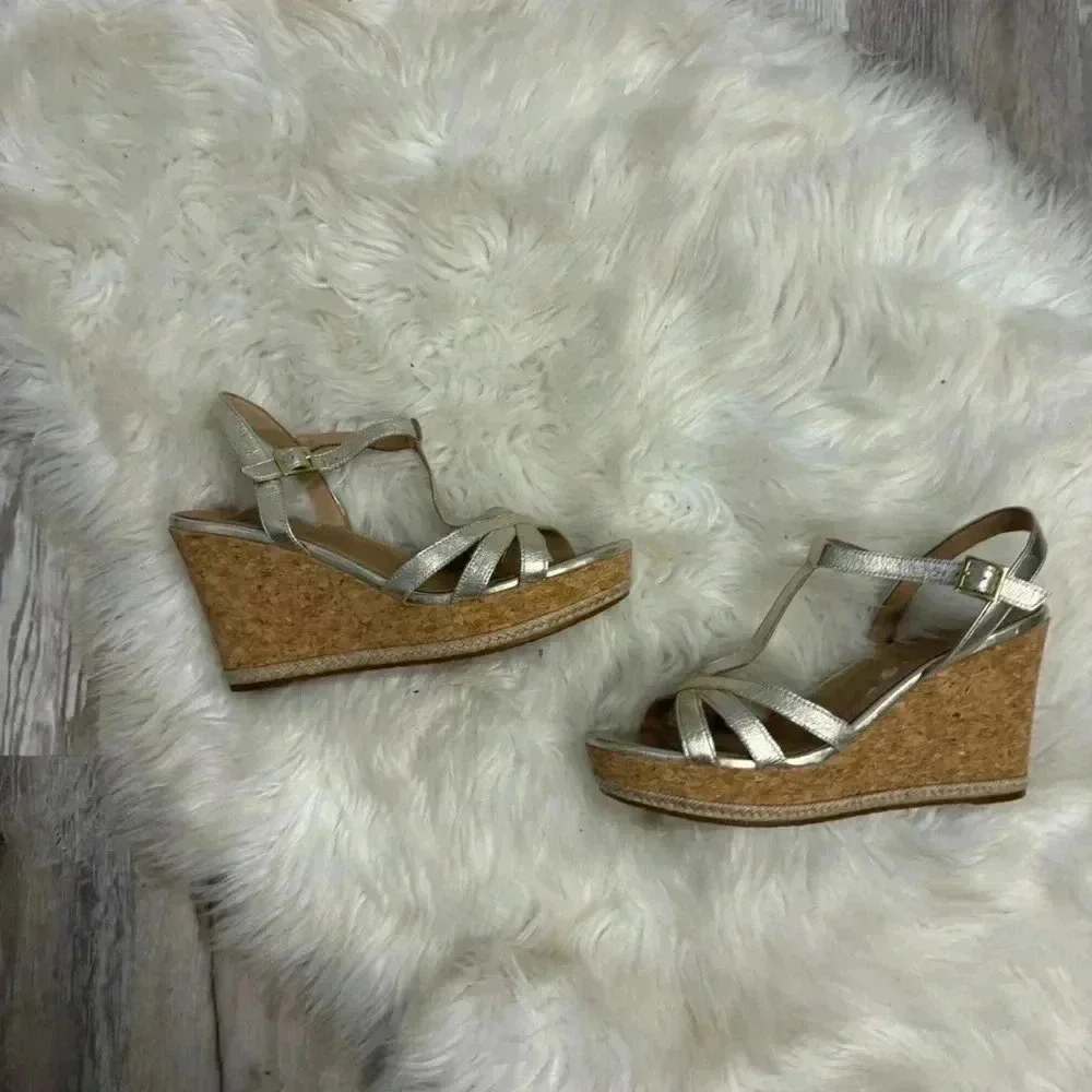 Ugg champagne gold Melissa metallic t strap wedges sz 10